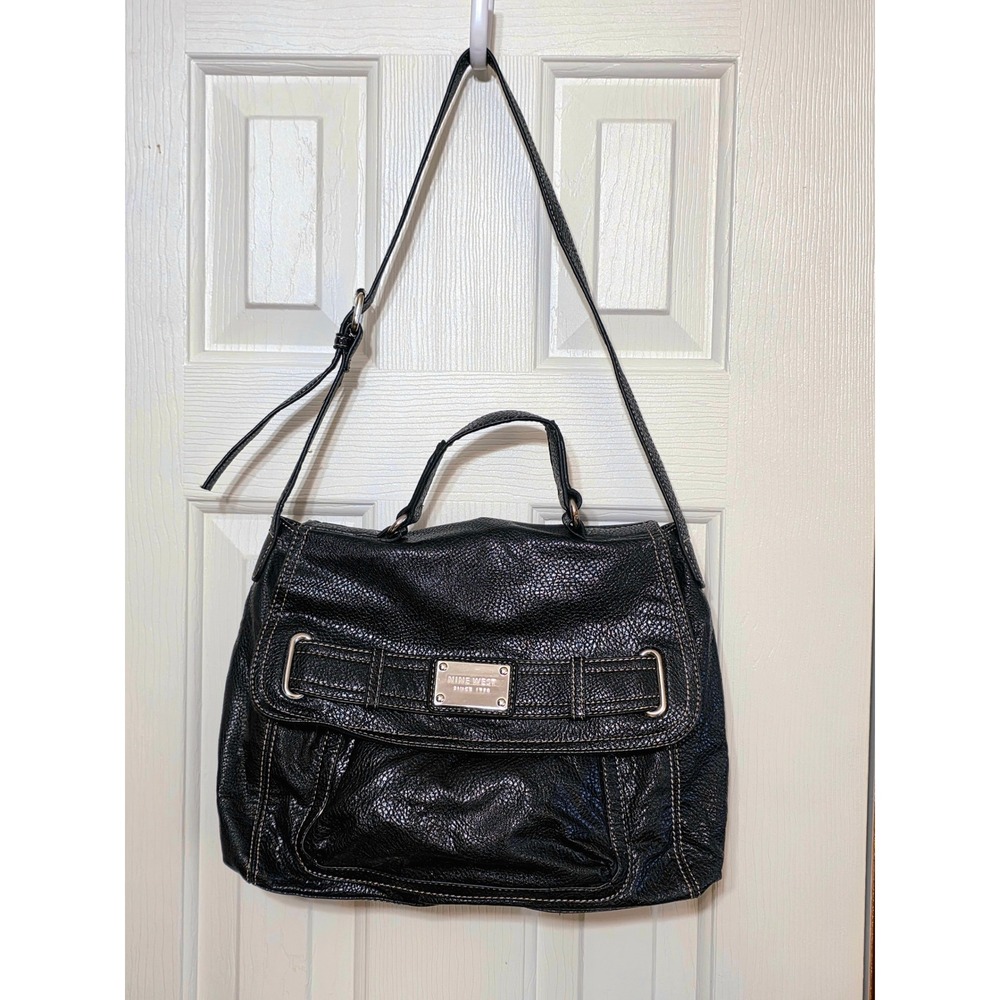 Nine West Black Pebbled Faux Leather Satchel Handbag Shoulder‎ Bag Top Handle